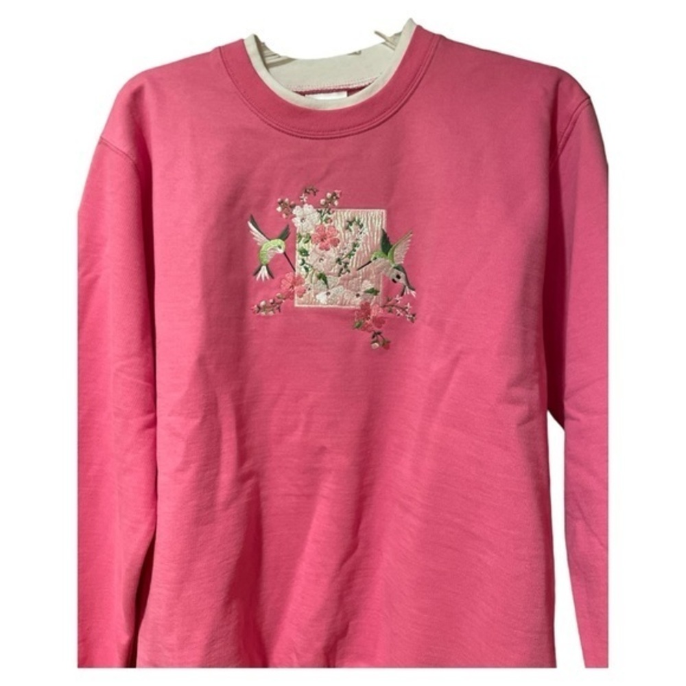 Pink Embroidered Hummingbird Floral Sweatshirt Womens Small NWT Cottage Granny‎